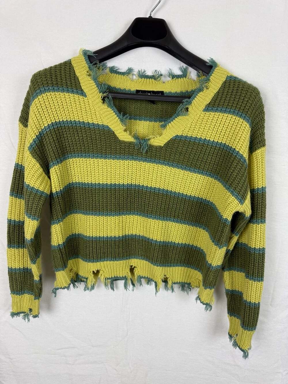 Derek Heart Green and Yellow Striped Distressed Sweater Size M